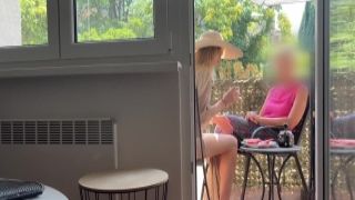 Anastasia Ocean - My husband is jerking off and cum in front of my a while we talk on balcony